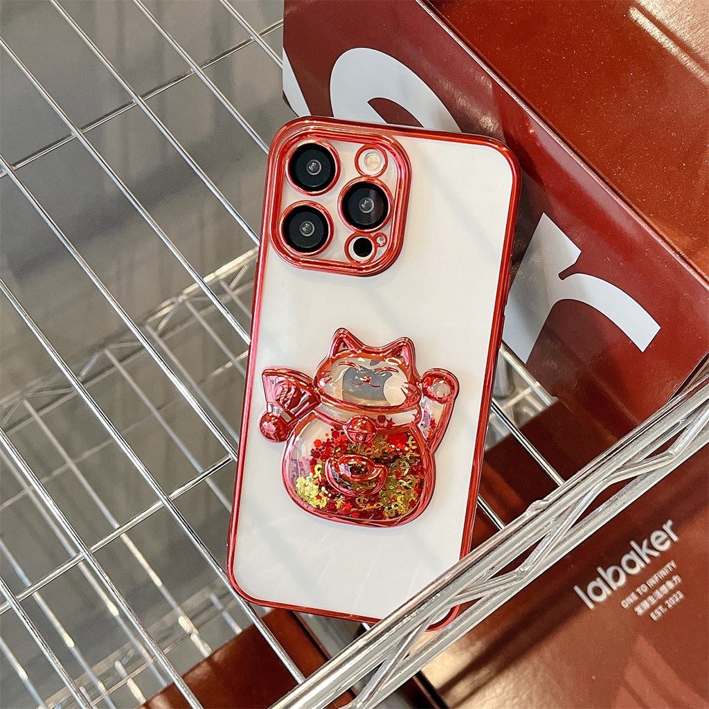 Sang Trọng Ốp Điện Thoại Silicon Mềm Trong Suốt Mạ Viền 6d Hình Mèo May Mắn Bảo Vệ camera Cho iphone 13 14 15 pro max