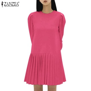 Zanzea Đầm Nữ Tay Dài Cổ Tròn Phong Cách Hàn Quốc Thời Trang