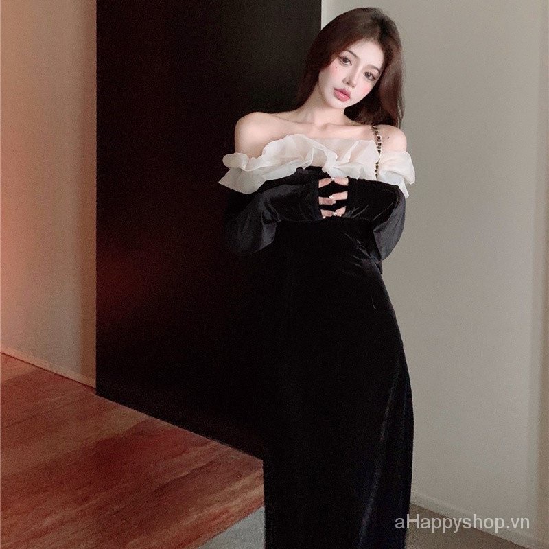 Đầm Nhung Đen Tay Dài Hở Vai Phong Cách Pháp Thời Trang Quyến Rũ Cho Nữ