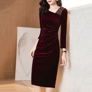 Đầm midi Ôm Dáng Dài Đến Đầu Gối Đính Đá Thời Trang Thu Đông Cho Nữ