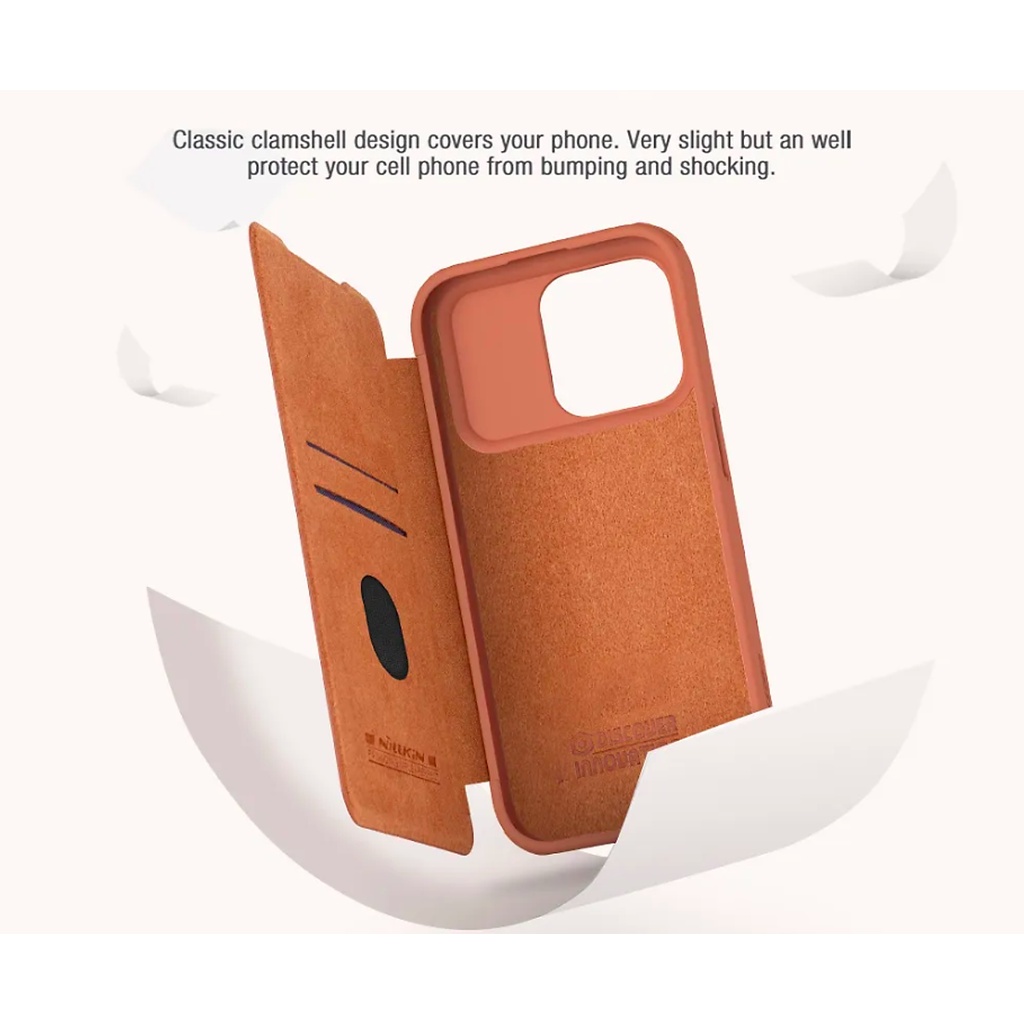 Bao da dành cho iPhone 15 Pro Max, 15 Pro hàng chính hãng Nillkin QIN có nắp trượt bảo vệ camera - Hàng nhập khẩu