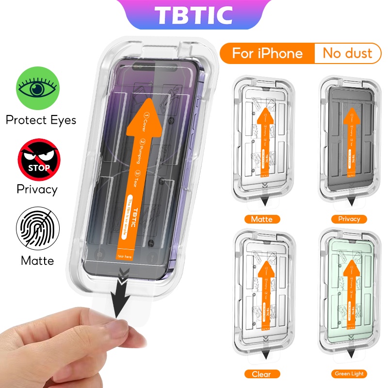 Kính cường lực bảo vệ màn hình TBTIC cho iPhone 16 15 14 13 12 11 Pro Max Plus XR X Xs HD Matte Privacy Vân tay Blueray Green Light với Auto Alignment Dễ dàng cài đặt