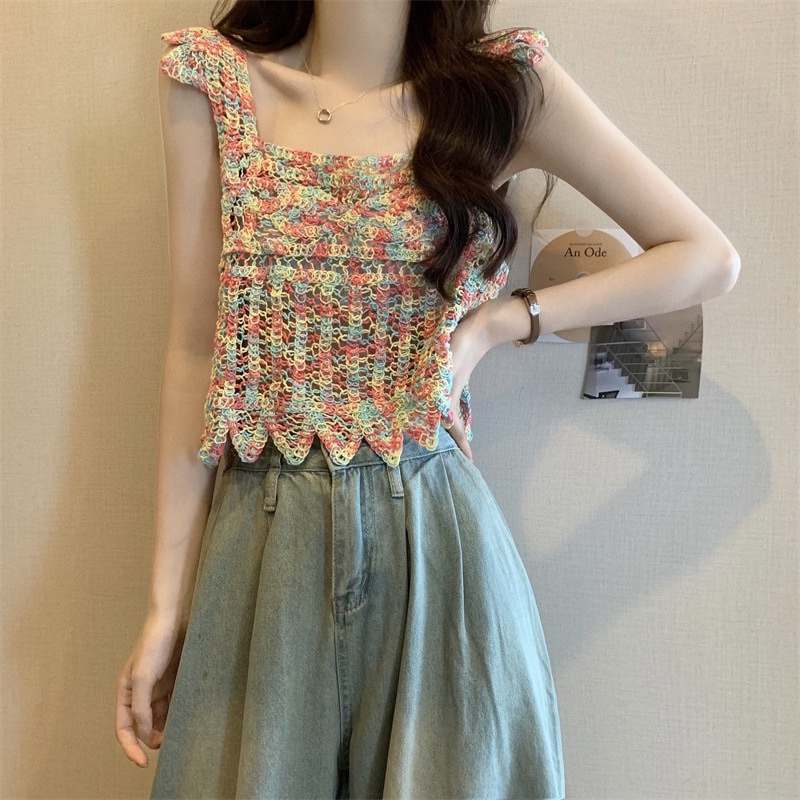 Áo 2 dây nữ mùa hè, áo 2s cánh tiên sợi móc sắc màu đi biển 2023