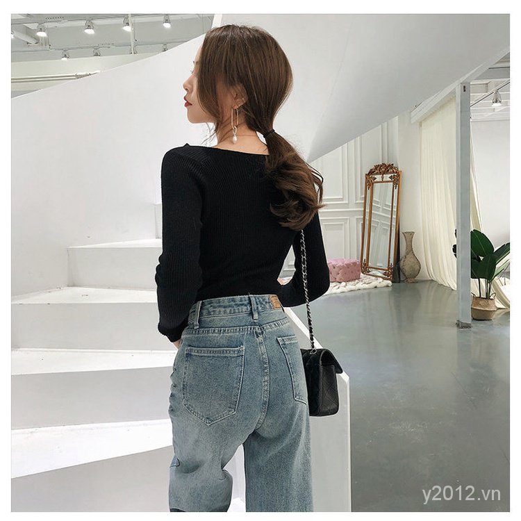 Set Áo Nữ Tay Dài Trễ Vai + Quần jeans Dài Ống Rộng Thời Trang
