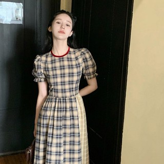 Đầm Midi Cổ Tròn Họa Tiết Sọc Caro Phong Cách retro Thời Trang Mùa Hè Cho Nữ