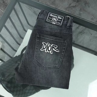 Lovk Dior Autumn and Winter European Goods High-End Men's Jeans Slim-Fitting Small Straight Men's Pants Gray Letters All-Matching Embroidered Business Trousers
