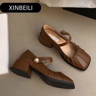 XINBEILI Giày búp bê Mary Jane   FBL23903DA 39Z230930 đế bệt có quai da mềm êm ái đế chống sốc điệu đà cho nữ
