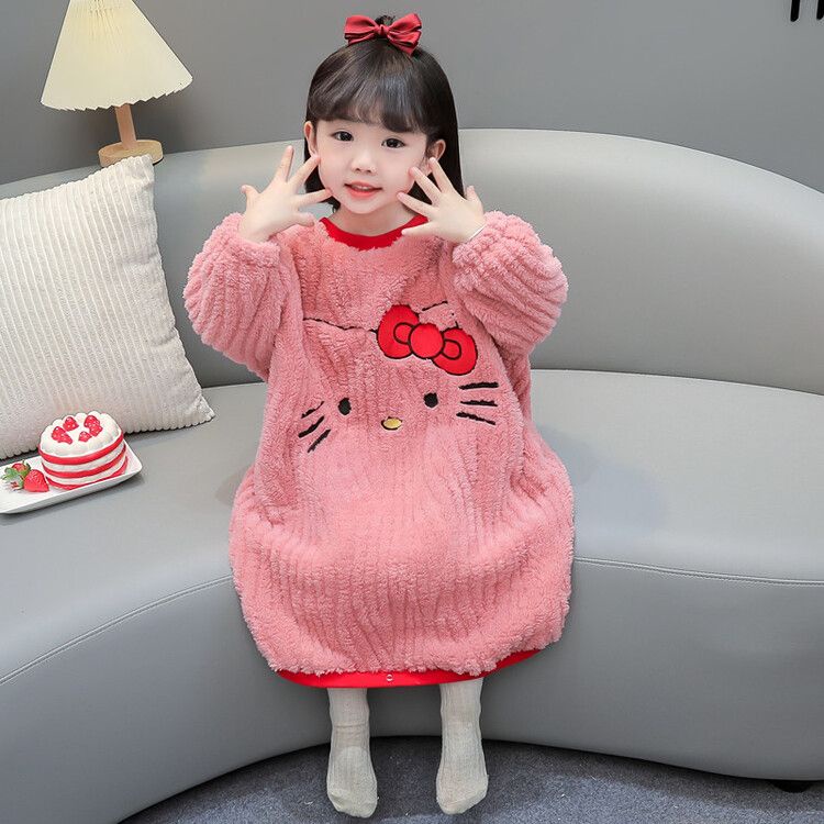JLYQ - màu hồng kitty mèo ngủ váy trẻ em, Áo ngủ nhung san hô mùa thu đông, Áo ngủ liền thân của bé gái, Dày cô gái ngủ áo choàng