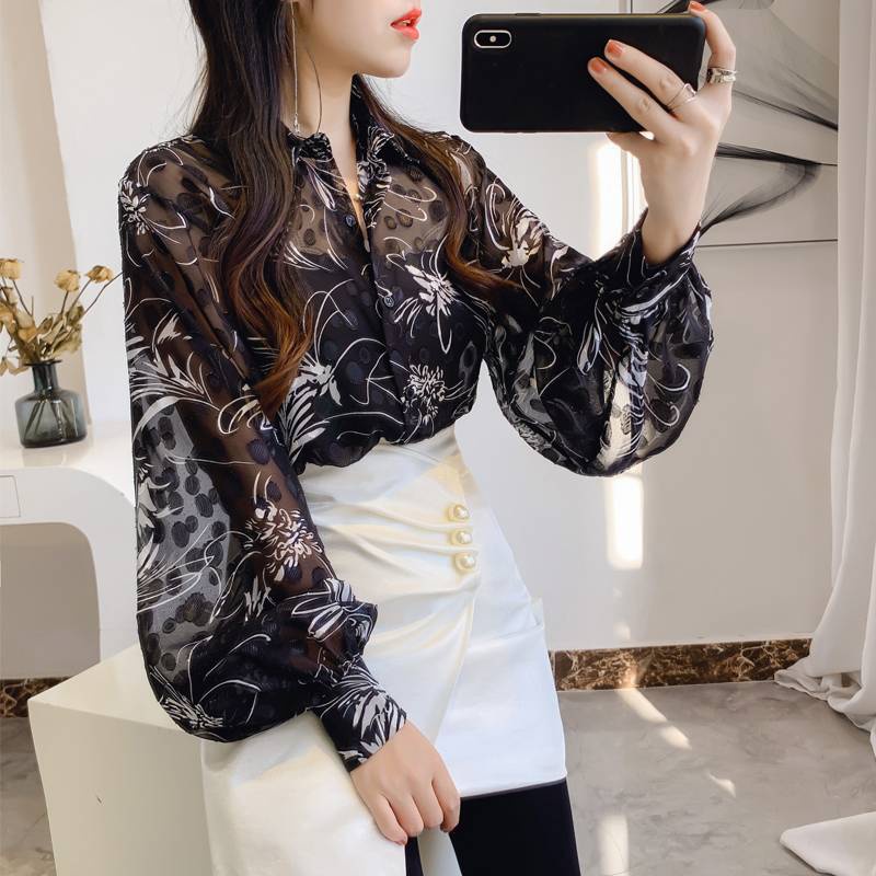 Áo Sơ Mi chiffon Tay Phồng Dáng Rộng Thêu Họa Tiết Thời Trang Thu Đông Hàn Quốc 2020 Dành Cho Bạn Nữ