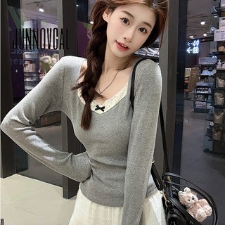 Áo thun nữ JUNNOVGAL Ren dệt kim màu trơn cổ chữ V dài tay thời trang Phong cách mới