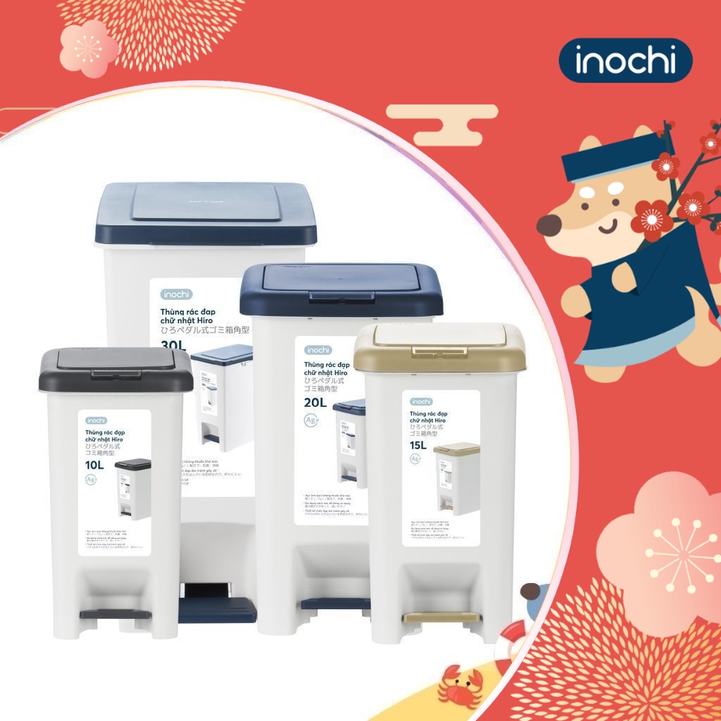 Thùng rác đạp chữ nhật Inochi - Hiro 10L/15L/20L/30L (loại kèm ruột) Nhiều màu