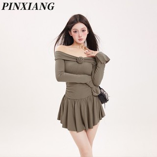Pinxiang Đầm Ôm Eo Trễ Vai Xếp Ly Ôm Dáng Cho Nữ