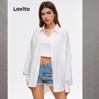 Lovito Áo Sơ Mi Có Túi Cổ Bẻ Màu Trơn Lovito Thường Ngày L20D1108 (Trắng)