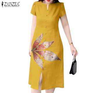 Đầm ZANZEA ngắn tay cổ tròn xẻ tà in họa tiết thời trang hàn quốc cho nữ
