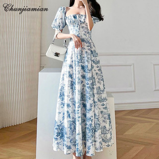 Đầm Tay Ngắn Cổ Vuông Họa Tiết Hoa Thời Trang Mùa Hè Phong Cách Retro Mới