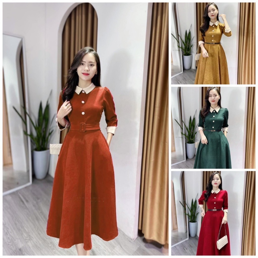 Đầm nhung sơ mi thiết kế dáng xòe , váy công sở tay lỡ đi làm, đi tiệc dành cho nữ