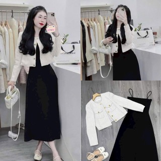 Sét đầm body dáng dài kèm áo khoác dạ linen sang trọng đi học đi chơi dạo phố xinh xắn minthucloset