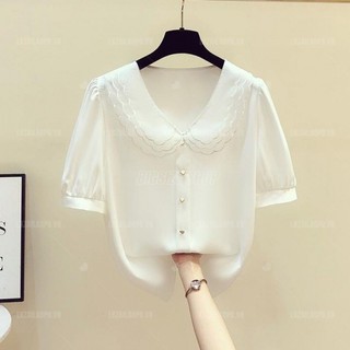 Áo sơ mi nữ tay ngắn Bigsize Áo sơ mi cổ bèo tiểu thư kiểu form rộng trắng mùa hè Phong cách Hàn Quốc Thời Trang đẹp