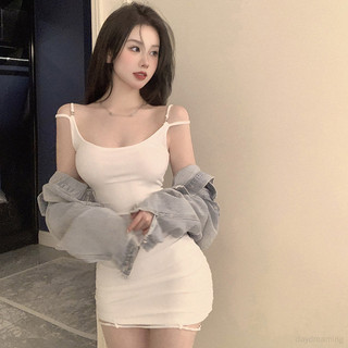 Mùa hè Hàn Quốc Cổ vuông màu trơn Slim Fit Váy treo không tay ôm hông gợi cảm