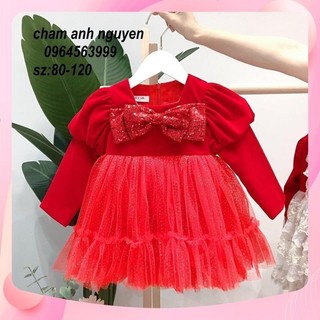 Xả Váy nhung nơ đỏ phối voan cho bé gái