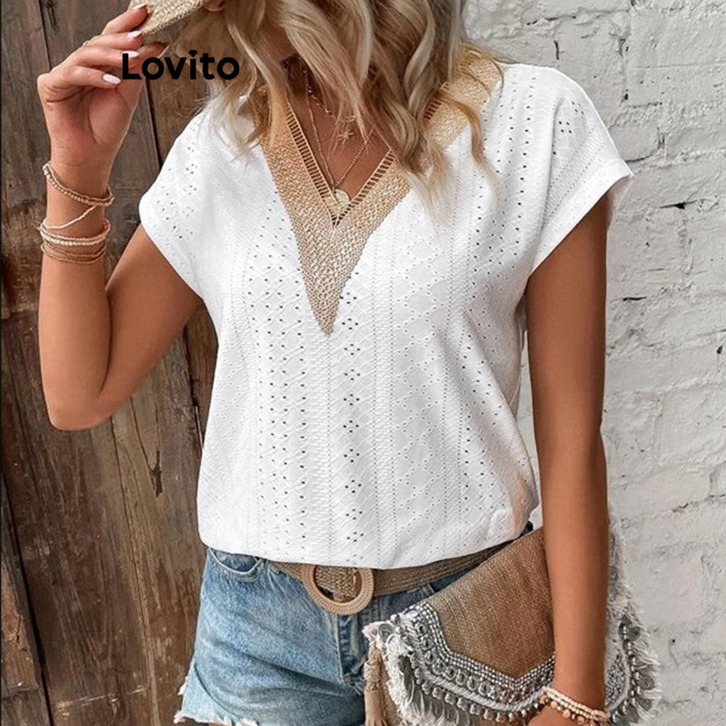 Lovito Áo thun chắp vá thanh lịch dành cho nữ LNE31085