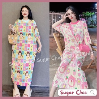Đầm suông hoạ tiết hoạt hình thun thái xếp ly dáng dài freesize váy form rộng trendy, Đầm thun họa tiết dễ thương M100