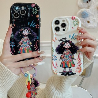 Ốp Điện Thoại Mặt Dây Chuyền Cô Gái Graffiti Cho IPhone 11 15 13 14 12 Pro MAX 7 8 Plus X XR 11Pro XS MAX 7Plus 14Pro Ốp Lưng Silicon Mềm Hoạt Hình Hello Camera Bảo Vệ Ins Chain Wave Cover