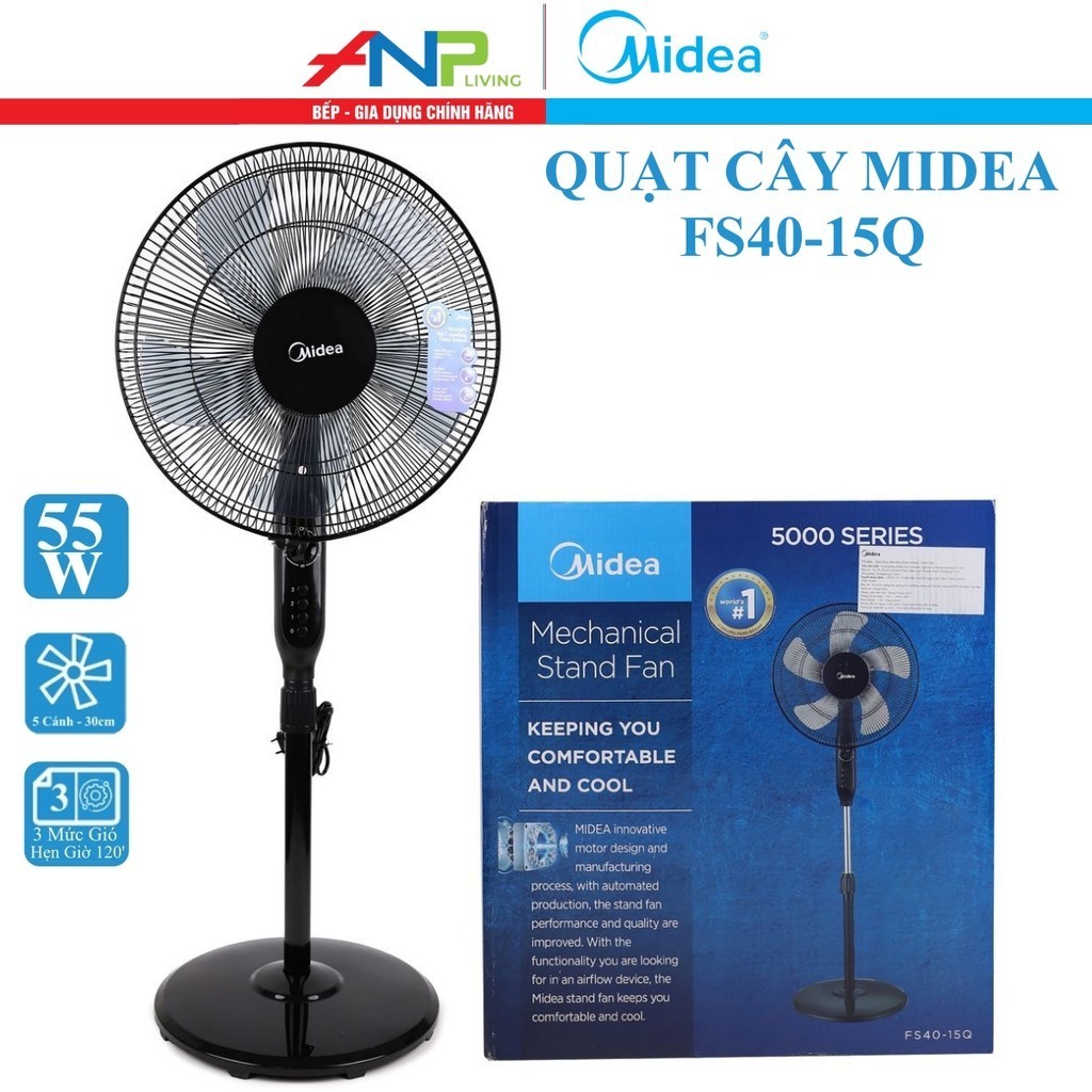 Quạt Đứng Midea FS40-15Q (Công Suất 50W, Có Chức Năng Hẹn Giờ, Chỉnh Gió 3 Tốc Độ)