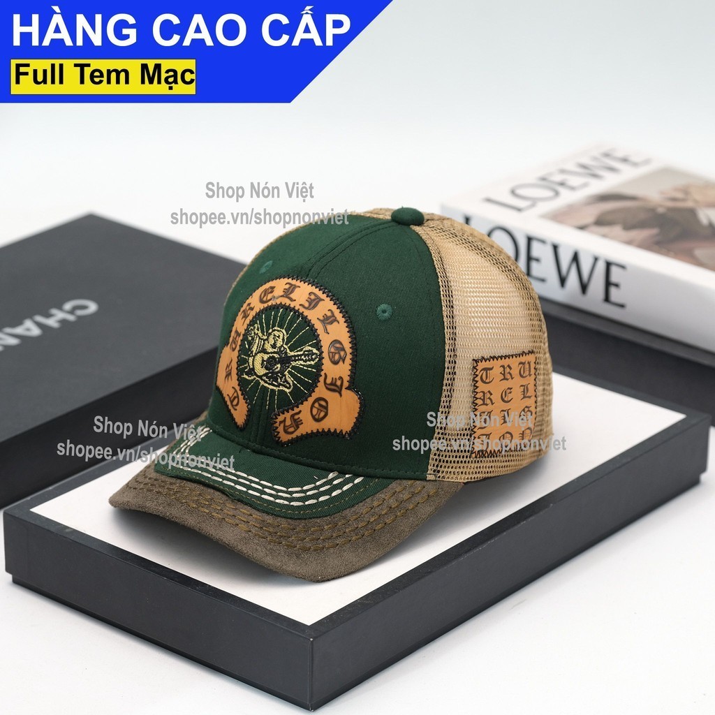 Mũ Lưỡi Trai Nón Kết True Religion Thêu Ông Địa Logo U Thoáng Mát Vải Kaki Cotton Xanh Phối Lưới Vàng Form Đứng