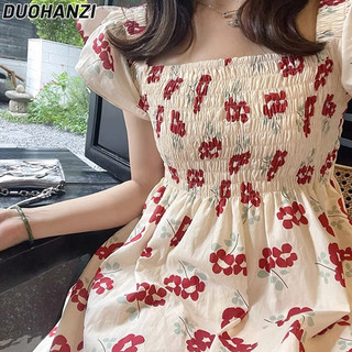 Duohanzi Pháp phong cách cổ điển nhẹ nhàng tay áo bay nhỏ váy hoa cô gái khí chất eo giảm béo cổ tích ngọt ngào váy dài