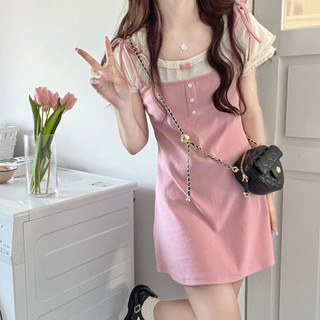 Mùa hè Pure Desire Nhật Bản Mềm Mại Cô Gái Màu Sắc Phù Hợp Giả Hai Mảnh Đầm Học Sinh Ngọt Cay Phù Hợp Với Tất Cả Trận Đấu Ôm Hơn Nhìn Váy chữ a hẹp