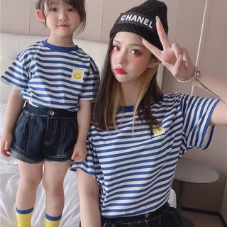 Phụ huynh-Con Mặc Cotton Nguyên Chất Sọc Ngang Top Smiley In TIK TOK Bán Chạy Mùa Hè 2023 Nhà Máy Thời Trang Hàn Quốc Đọc