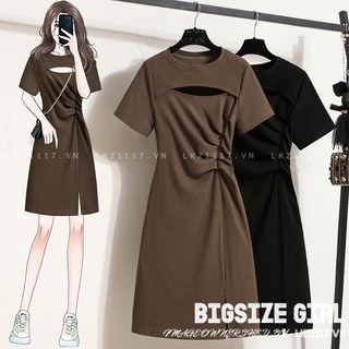 Váy đầm nữ Bigsize Đầm thun suông dáng ôm tay ngắn cổ tròn xẻ tà xếp ly đen mùa hè Phong cách Hàn Quốc Thời Trang đẹp
