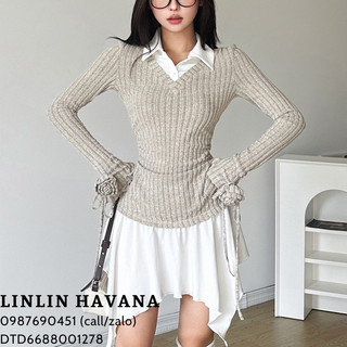 [Có sẵn] [Giá hủy diệt] Đầm Tay Dài Phối Cổ Sơ Mi Màu Trắng, Tay Áo Đính Hoa Hai Bên