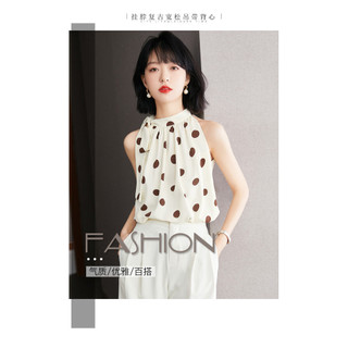 Bắn thật#挂脖背心女夏季法式气质波点小衫复古雪纺衫露肩无袖上衣 Wg2i