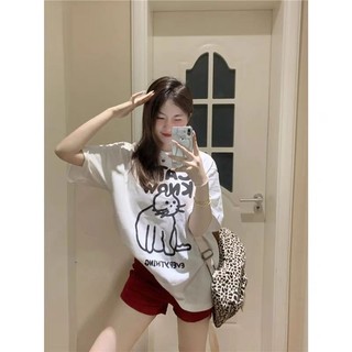 Jiashuchen 100% Cotton Vẽ Tay Mèo Ngắn In Hình Top Mùa Hè Rời Bông Tai Kẹp Phong Cách Dạo Phố Phiên Bản Hàn Quốc Nửa Tay Nữ