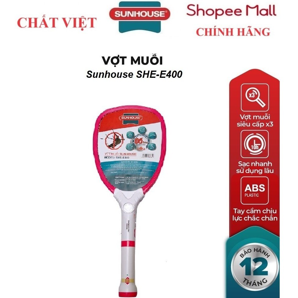 Vợt muỗi SUNHOUSE SHE-E400 ( hồng) SHE-1702 (Vàng ), Tích hợp đèn LED siêu sáng và đèn báo sạc, Thân