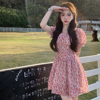 Mùa Hè Pháp Hoa Đầm Nữ Mô Hình Mới Siêu Cổ Tích Puff Tay Váy Vuông Cổ Áo Thắt Lưng