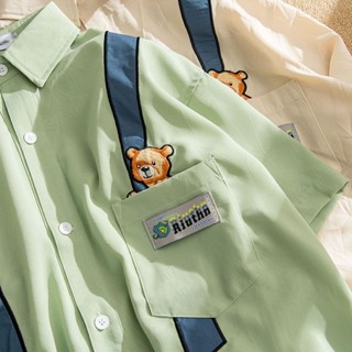 Gấu Thêu Áo Sơ Mi Tay Ngắn Nam Nữ Mùa Hè Mori Dễ Thương Rời Cặp Đôi Áo Sơ Mi Thiết Kế Niche Áo Sơ Mi Polo