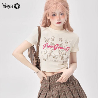 Yeya Áo thun cotton nguyên chất dành cho nữ hot girl in hình bướm bên phải tay ngắn ngắn dáng ôm vừa vặn áo thun sang trọng