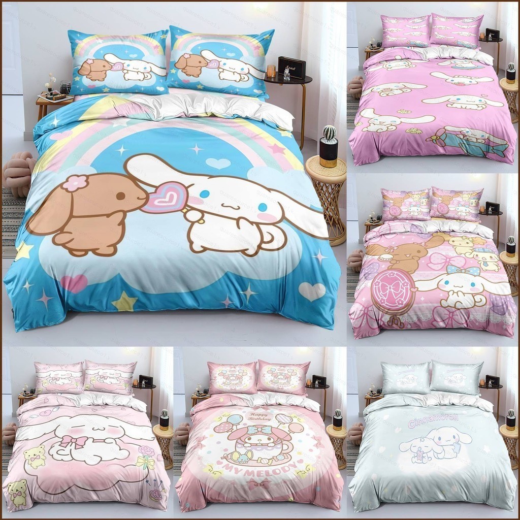 Squar1 Cinnamoroll 3in1 Bộ chăn ga gối ga trải giường Vỏ chăn phòng ngủ có thể giặt thoải mái Bộ đồ gia đình Trang trí nội thất