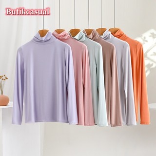 Áo thun nữ modal cotton trơn nửa cổ cao dài tay áo thun 2025 xuân hè mới Áo sơ mi giản dị