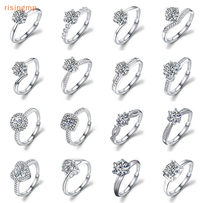 [Risingmp] Moissanite Đính Hôn Nhẫn Đính Hôn Kim Cương Kẻ Sọc Mở Nhẫn Cho Nữ Bạc 925 Hứa Cưới Nhẫn Có Thể Điều Chỉnh Trang Sức Mỹ