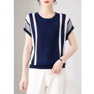 Mùa Hè Phong Cách Mới Áo Thun Ngắn Tay Nữ Cổ Tròn Trung Niên Size Lớn Mẹ Mặc Thời Trang Dệt Kim Hàng Đầu