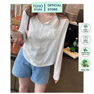Áo thun nữ phối túi dài tay, lai bầu, xẻ trụ nút chất xược TOHOSTORE,dài tay nữ kiểu phom lửng phối nút vạt bầu pastel