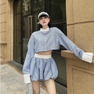 M855 - Set áo sơ mi croptop tay dài phồng đính nơ quần bí dễ thương