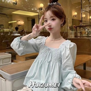 Huizumei Nữ Cổ Vuông Phối Ren Xếp Ly Áo Sơ Mi Kiểu Pháp Ngọt Ngào Ngắn Tay Phồng