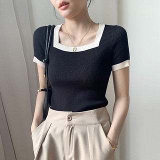 Áo thun ngắn tay dệt kim cổ vuông màu mới của Oeggeo dành cho nữ mùa hè