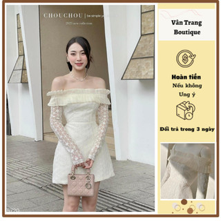 T146 Đầm trễ vai xếp ly ren dài tay nhẹ nhàng tiểu thư hàng chuẩn chất cực đẹp (chuẩn hàng thiết kế)