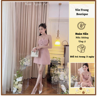 T66 Đầm cổ yếm dây cổ đính hoa ngực tiểu thư sang chảnh đi chơi, váy yếm đính hoa thiết kế chất xịn